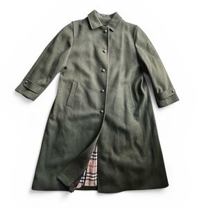 Burberry Dark Olive Green Long virgin Wool Trench Coat women Sz 14